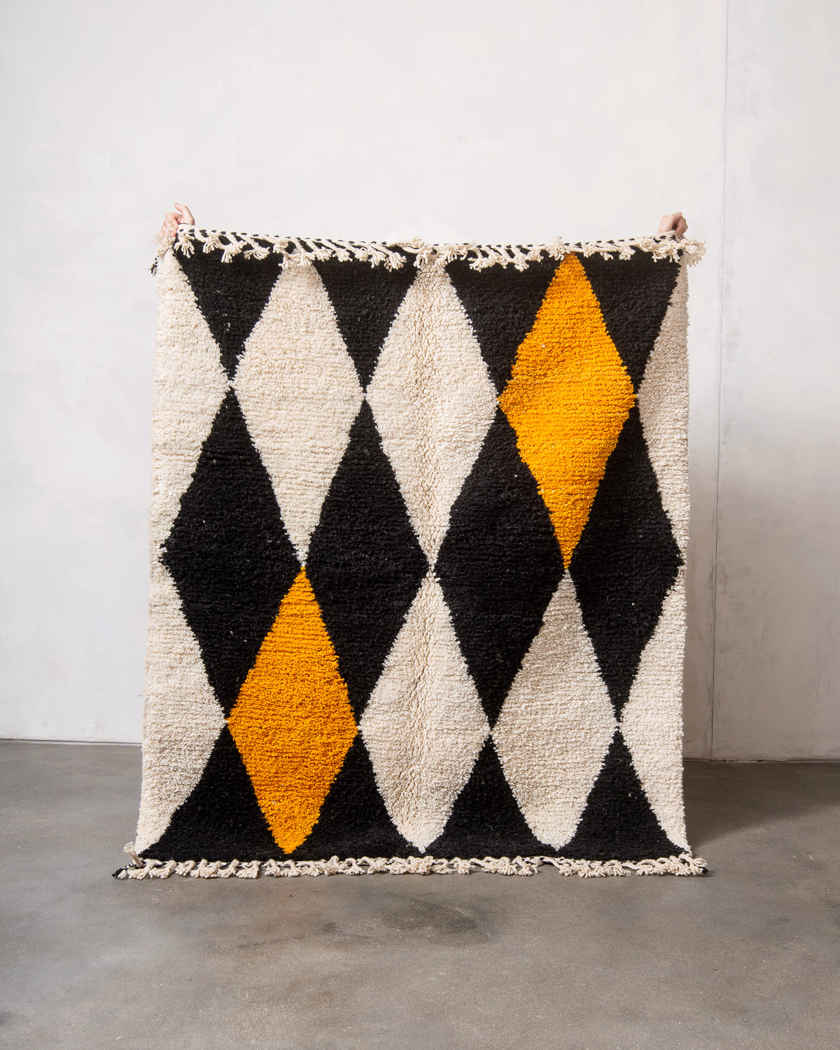 Modern, designer, handcrafted Berber rug from Morocco. Beniourain carpet with beautiful colours and patterns and fluffy wool texture.